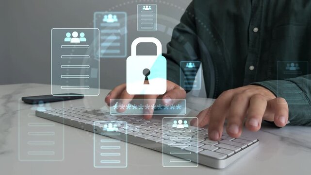 Protecting herself from cyber attacks. Documents confidentiality,cyber security protection concept. Software for security, searching and managing corporate document and employee information.	 - Powered by Adobe