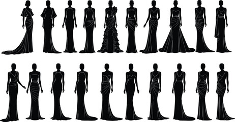 Elegant evening dress silhouette, fashion gown design, stylish women clothing vector, glamorous couture illustration, black dress artwork, luxury fashion concept