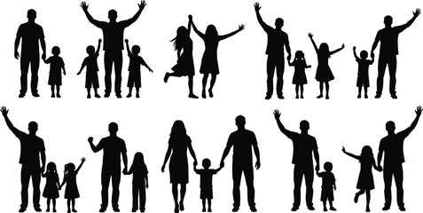 Family silhouette illustration, parents with children, happy family concept, father mother kids together, unity and love, parenting vector artwork