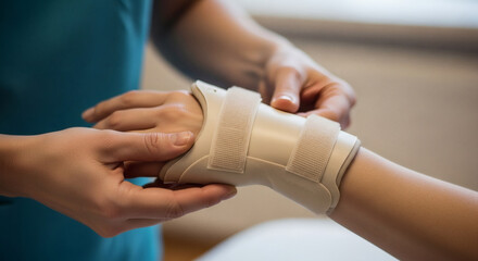 Obraz premium A healthcare professional carefully secures a wrist brace onto a patient's arm, providing support and aiding recovery from injury.