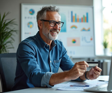Mature manager smiles while holding credit card near computer for online payment. Business expenses, finance, technology, commerce, digital transaction, secure purchase, retail shopping, banking.
