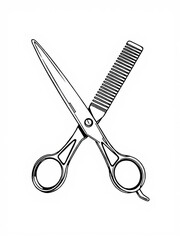 Minimilist outline drawing of crossed scissors and comb for hair styling and grooming with white background vector
