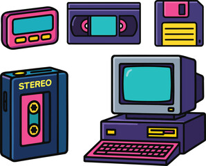 1980s Retro Tech Neon Set &ndash; Vintage Electronics & Gadgets Bundle on White (3)
