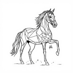 Minimilist geometric horse illustration in black and white featuring a rearing pose with detailed line work design vector