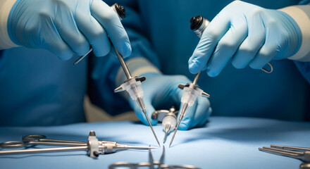Surgeons' gloved hands precisely manipulate laparoscopic surgical instruments during a delicate medical procedure on a sterile blue operating room surface.