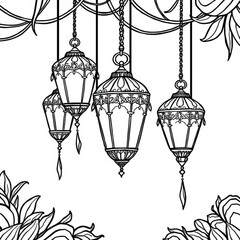 Minimilist illustration of four decorative lanterns hanging from chains amidst foliage and vines in black and white vector