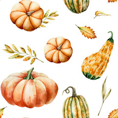 Watercolor seamless pattern with pumpkins painted in orange and green tones. Hand-drawn maple, oak leaf, halloween autumn vegetable perfect for harvest and thanksgiving themes. Isolated botanical