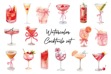 SET OF WATERCOLOR PINK COQUETTE COCKTAILS GLASSES - VECTOR ELEMENTS ISOLATED ON TRANSPARENT BACKGROUND
