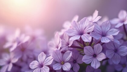 Obraz premium Close-up of purple flowers with soft light creating a delicate floral background. Pastel shades evoke a romantic spring or summer mood. Ideal for cards, invitations, or wedding designs.