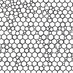 Minimilist overlapping black outlined hexagons of varying sizes creating a dense geometric pattern design vector