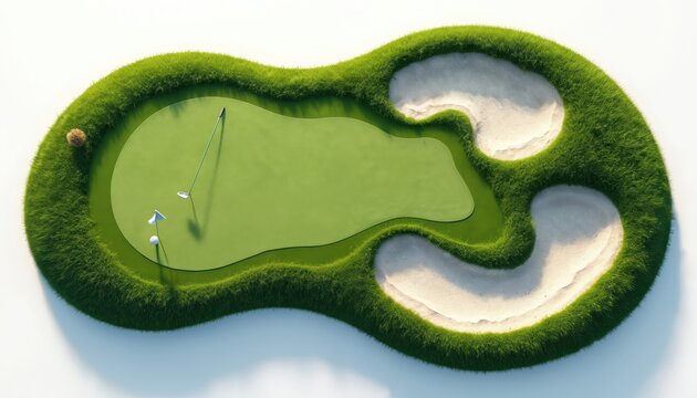 Aerial view of golf course section featuring putting green, sand bunkers, manicured grass. Simple style illustration with white accent, isolated on clean white background. Ideal for sport, leisure,