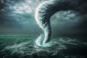 Massive ocean storm vortex shaped like question mark with dramatic waves and dark stormy clouds creating surreal atmosphere