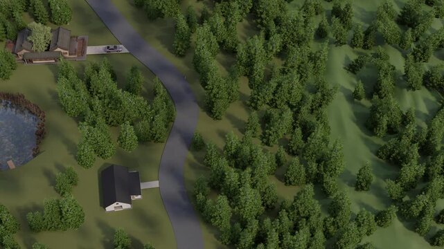 Aerial view of colourful dark fir forest and woodlands and houses, road and car. The camera spins and moves away from the forest.