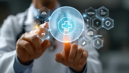 A doctor interacts with a futuristic virtual interface featuring medical icons and health data. - Powered by Adobe