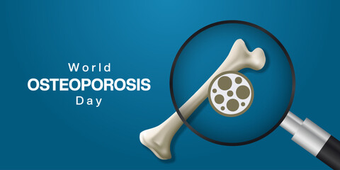 October 20th is World Osteoporosis Day. Magnifying glass, osteoporosis and bone. Suitable for posters, banners and social media. Blue background.