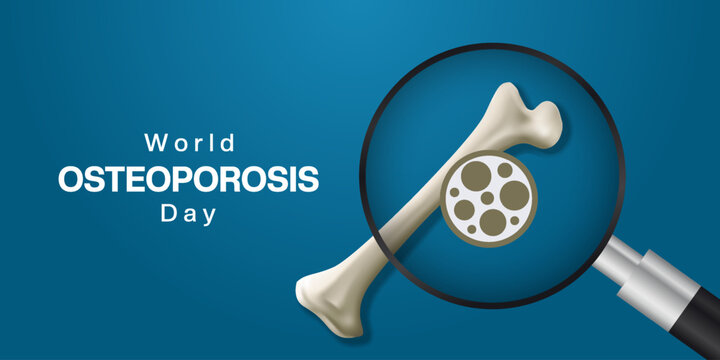 October 20th is World Osteoporosis Day. Magnifying glass, osteoporosis and bone. Suitable for posters, banners and social media. Blue background. - Powered by Adobe