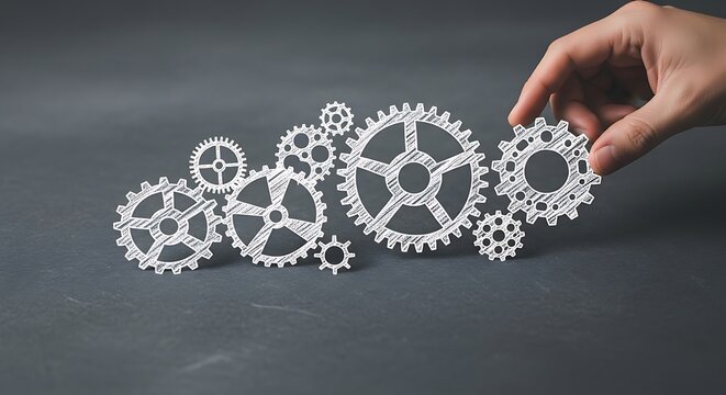Hand positions a gear within a collection of interconnected gears, illustrating the concept of collaboration and teamwork.