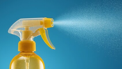 Yellow base spray bottle with clear nozzle spraying fine water mist