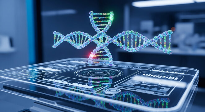 Futuristic holographic display showcasing a glowing DNA helix structure with intricate scientific data visualizations on a transparent screen.