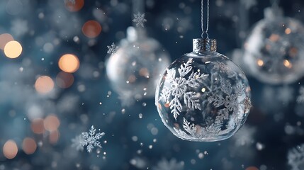 Snowflakes gently drift through the air, landing on sparkling baubles and creating a magical, serene scene that evokes the spirit of winter holidays.