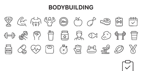 a set of outline icons related to bodybuilding. Vector on a gray background