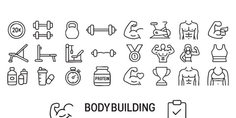 a set of outline icons related to bodybuilding. Vector on a gray background