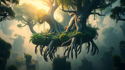 A magical floating island in a lush, green jungle with ancient, massive trees and roots extending into the misty abyss below