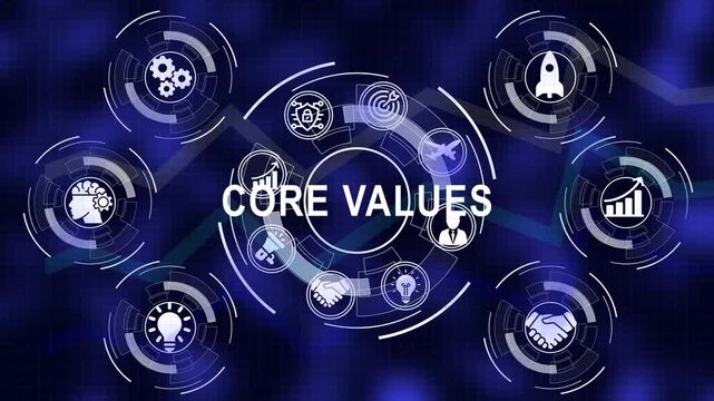 Core values illustrated through icons on a digital blue background