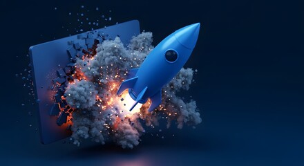Fototapeta premium Blue rocket launching from tablet screen with smoke and sparks symbolizing innovation and technological advancement, creating a dynamic and exciting scene.