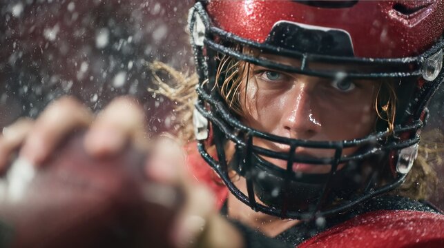 American football quarterback helmet rain focus grip ball action sport game Fierce concentration rain as quarterback grips ball for action, wet helmet gleaming stadium light, intense sport moment