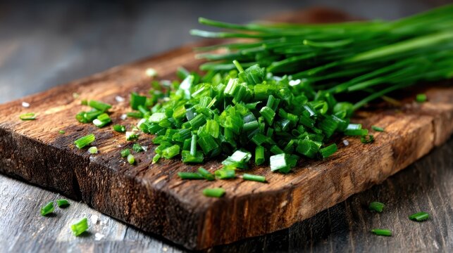 A vibrant shot of freshly chopped green chives scattered on a rustic wooden cutting board, showcasing its rich color and texture in a culinary context.