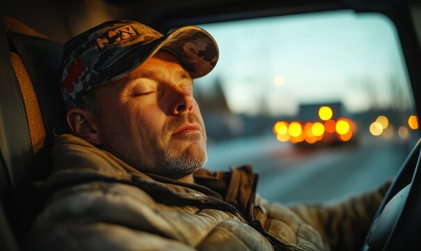 Exhausted truck driver sleeping behind the wheel, symbolizing the impact of long hours on the road, and emphasizing the need for better stress management and healthy work practices, Generative AI