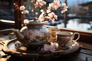 Tea ceremony. Asian teapot and cups, sakura. AI generative.