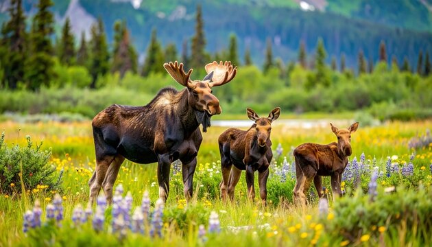 Majestic Moose Family Grazing in a Vibrant Meadow of Wildflowers on a Summer Day