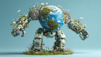 Hi Tech Mechanical Robot and Nature covered with flowers and grass two arms hovering Earth Globe as Save Water Green Technology conceptual design on gradent background. 3d render.