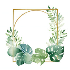 Naklejka premium Elegant Greenery Watercolor Frame with Soft Golden Border, Fresh Botanical Design for Wedding Invitations and Elegant Stationery