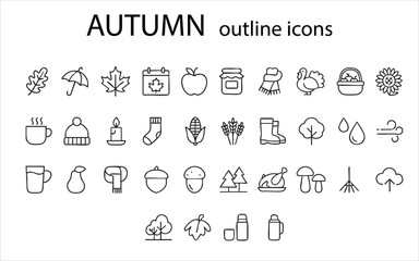 The image contains a set of outline icons related to the autumn theme. Vector on a gray background