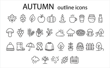 a collection o line-drawn icons labeled "AUTUMN outline icons". Vector on a gray background
