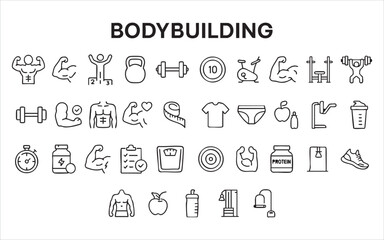 a set of vector outline icons related to bodybuilding and fitness.