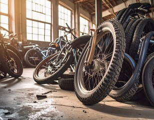 Rusty bike, tires and Worn Ropes Stacked in Sunlit Warehouse