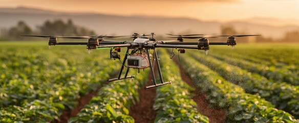 [The drone spraying crops over a green field at golden hour for precision farming]