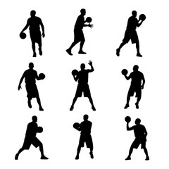 Vector silhouettes set of men and women basketball players running with ball, plus other sports illustrations