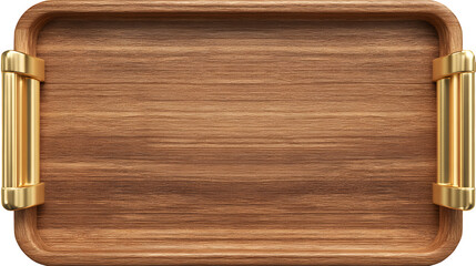 Wooden Serving Tray with Gold Handles 3d rendered, isolated on transparent background