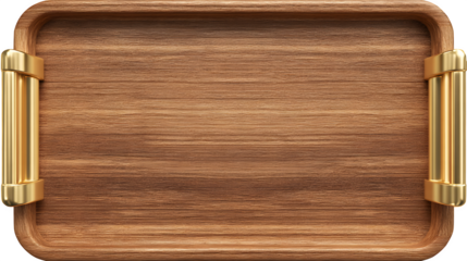 Wooden Serving Tray with Gold Handles 3d rendered, isolated on transparent background