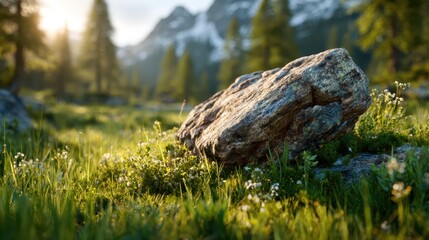 A stunning view of a single rock resting in a lush green meadow, surrounded by wildflowers and mountains, bathed in soft sunlight, evoking tranquility and natural beauty.