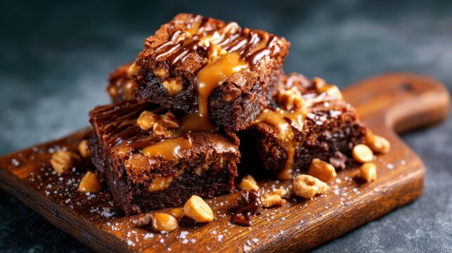 A delicious stack of brownies with rich chocolate, drizzled with caramel sauce and sprinkled with nuts, perfect for dessert lovers seeking indulgence in every bite.