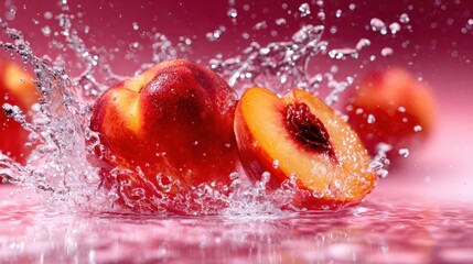 Juicy peaches splash into water, showcasing their freshness and vibrancy. The image captures the essence of summer and the delightful experience of enjoying fresh fruit.