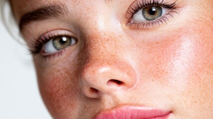Fototapeta premium A striking close-up showing a young woman with freckles and vibrant eyes, capturing her natural beauty and confidence in a stunning, intimate portrayal.