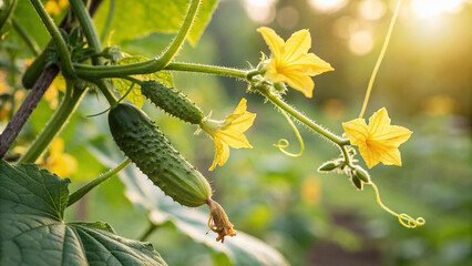 Cucumbers on tree with flower in field, Cucumber on tree in field in natural warm sunlight background