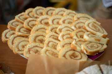 Sweet pastries on the table. Homemade cakes. Lots of sweet treats.